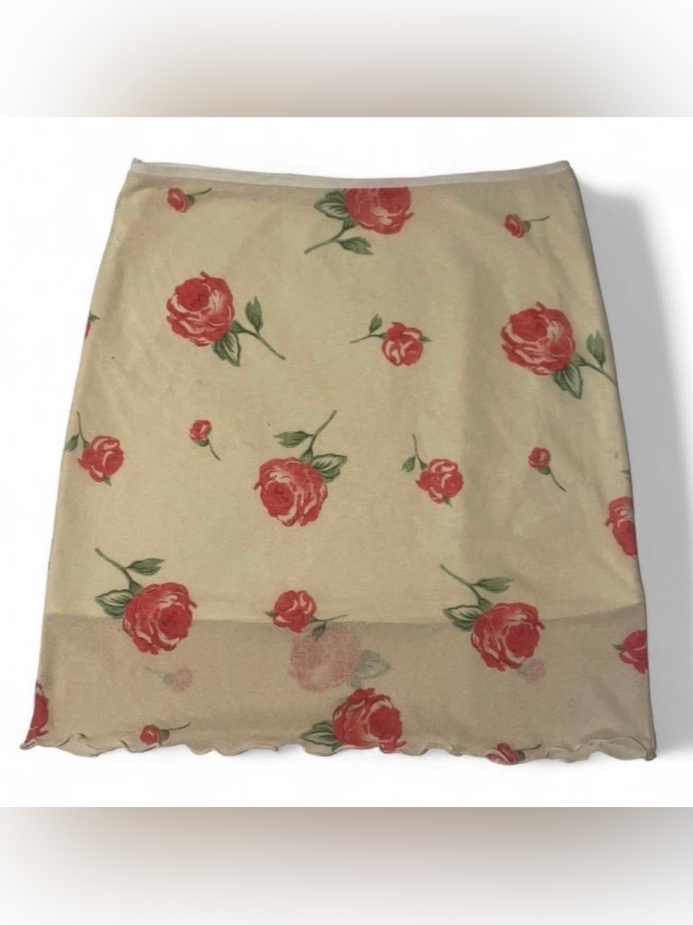 Floral Beige Mini Skirt with Pink Rose Print